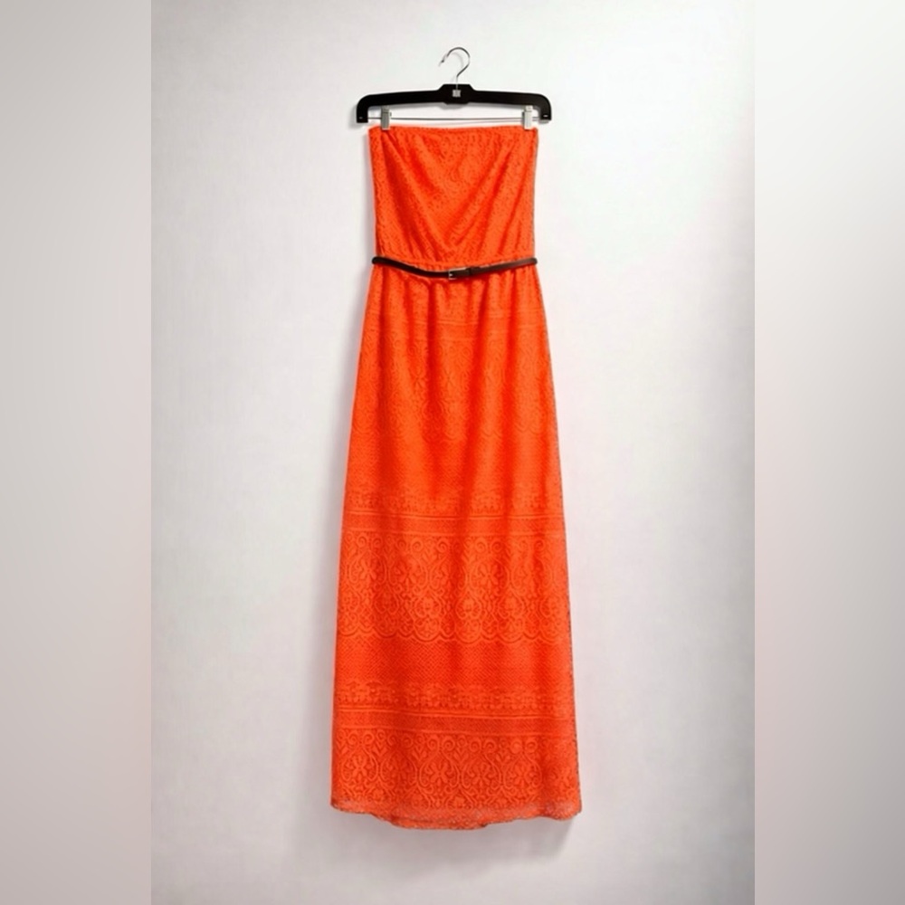 Just Be Vibrant Orange Strapless Lace Dress - Picture 2 of 4